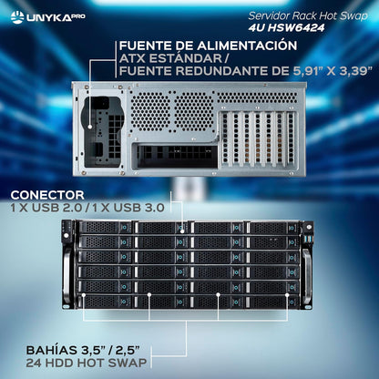UNYKAch HSW6424 ATX 19" 4U Hot Swap Rackbehuizing (HSW6424 ATX), 24 sleuven, voor 3,5 of 2,5 inch schijven, 3 x 120 mm ventilatoren, 2 x USB 2.0