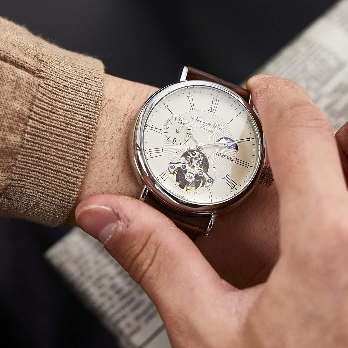 TIME100 Heren automatisch horloge Navigator-serie Tourbillon-stijl dubbele tijdzone zakelijke kalender mechanisch horloge lederen band