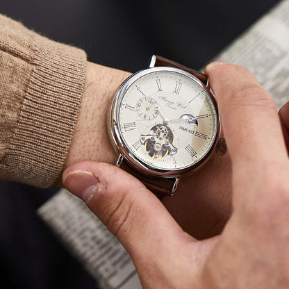 TIME100 Heren automatisch horloge Navigator-serie Tourbillon-stijl dubbele tijdzone zakelijke kalender mechanisch horloge lederen band