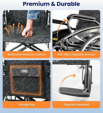 VOCIC U31 Rolstoel, licht, 150 kg, aluminium rolstoel, 17,5 kg, dubbele rem, rolstoel voor senioren, solide banden, 60 cm voor alle vloeren, grijs