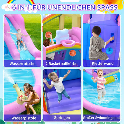 Opblaasbaar springkasteel met waterglijbaan, klimwand, basketbalkorf en kinderbadje, incl. ventilator, outdoor voor kinderen, ideaal voor tuin, 365 x 390 x 238 cm - QUORE