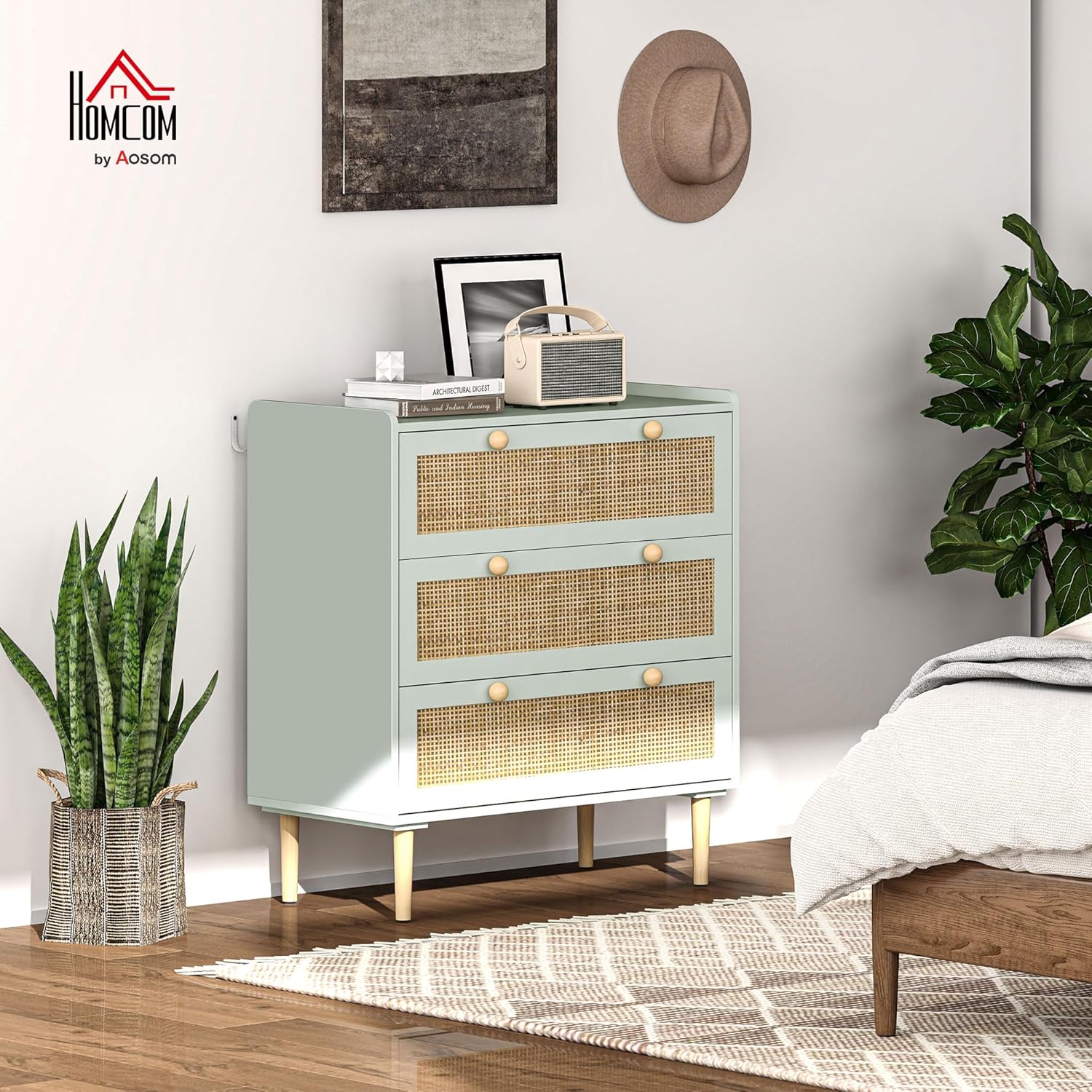 HOMCOM Kommode Beistellschrank mit 3 Schubladen, Sideboard mit Boho-Stil, Rattanoptik, Schubladenkommode für Wohnzimmer, Schlafzimmer, Hellblau 80 x 40 x 87.5 cm - QUORE