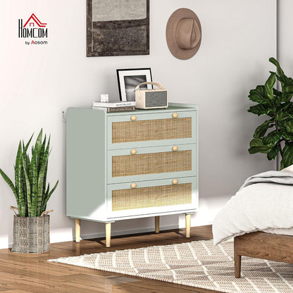 HOMCOM Kommode Beistellschrank mit 3 Schubladen, Sideboard mit Boho-Stil, Rattanoptik, Schubladenkommode für Wohnzimmer, Schlafzimmer, Hellblau 80 x 40 x 87.5 cm - QUORE