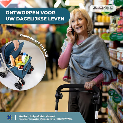 Mobiclinic®, Opvouwbare Rollator, Boodschappenkar met Zitting, Coliseum, Enkele Hendel, Staal, Grote Mand, Rugleuning en Vulling, Remsysteem, 360º Wielen