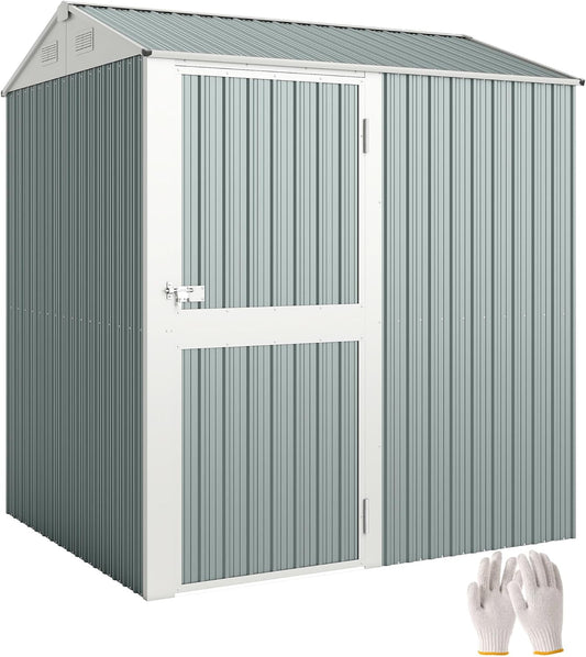 Outsunny Metal Garden House 3.5 m2, High Lockable Garden Shed with Saddle Roof, Ventilation and Gloves, 209 x 177 x 236 cm, Light Grey - QUORE