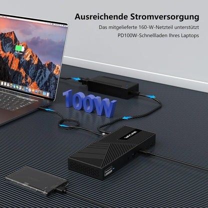 WAVLINK 15-in-1 DisplayLink Docking Station USB-C, Triple 4K monitoren (3X HDMI + 2x DP), 100W PD, 10 Gbit/s, Gigabit LAN, Audio/Mic, voor Windows & Mac (incl. M1/M2)