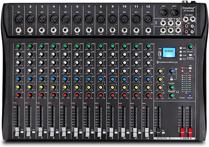 12-Kanaals Audiomixer – Mengpaneel – DJ-Mixer – Mengtafel – Muziekmixer – Bluetooth Draadloos Streamen – +48V Fantoomvoeding