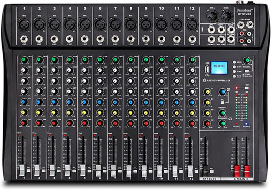 12-Kanaals Audiomixer – Mengpaneel – DJ-Mixer – Mengtafel – Muziekmixer – Bluetooth Draadloos Streamen – +48V Fantoomvoeding
