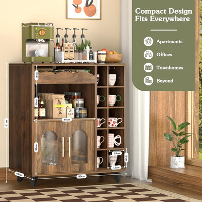 Koffiestationkast, Houten Keukenkast met Mokhouder, Woonkamer Buffetkast met Laden, Keuken Dressoir met Dubbele Deurtjes voor Thuisbar, Dranken, Mokken (40x80x91cm)