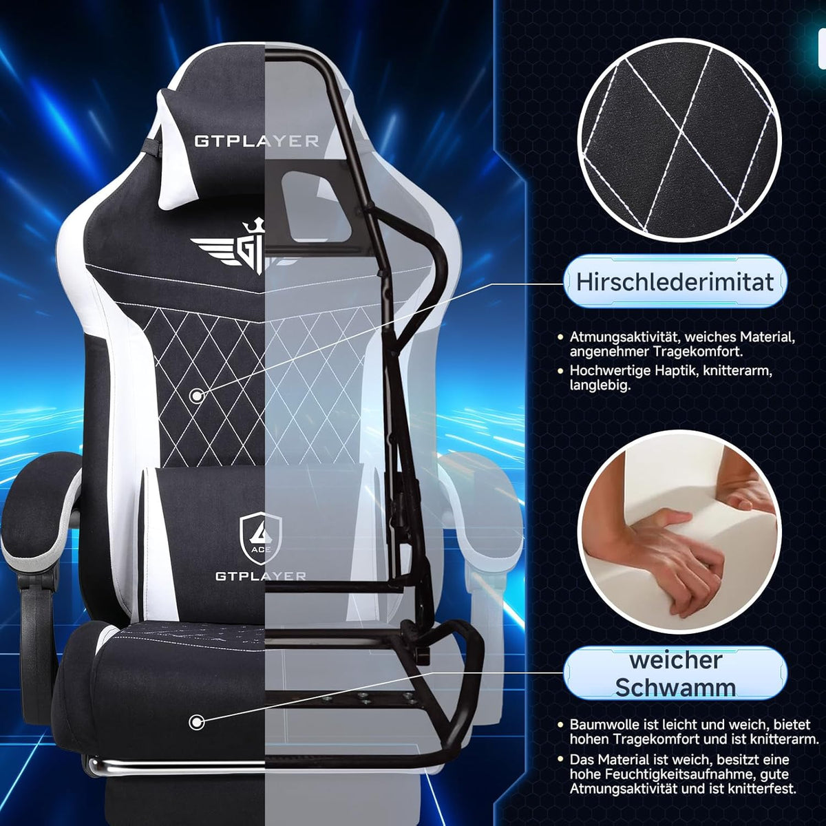 Gamingstoel – Gamestoel – Bureaustoel – PC Stoel – Ergonomische Stoel – Ademend Textiel – Verstelbare Rugleuning Tot 150° – Zwarte Stoffering