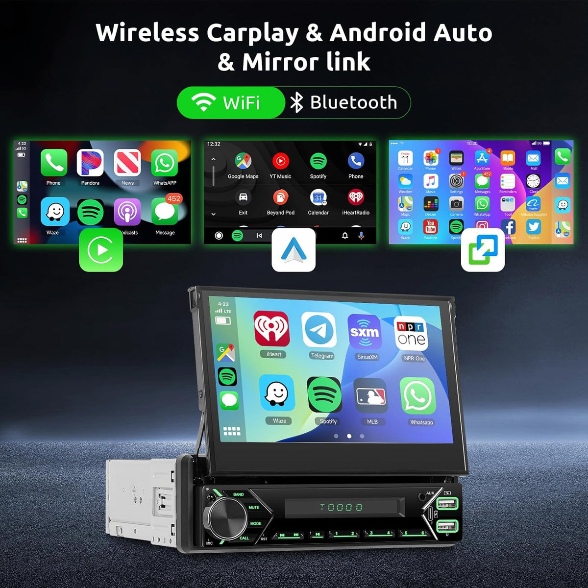 1 DIN Android Autoradio – Multimedia Speler – Car Stereo – Auto Radio – GPS Navigatie – Uitschuifbaar 7 Inch HD Touchscreen – Draadloze CarPlay & Android Auto – Inclusief Achteruitrijcamera