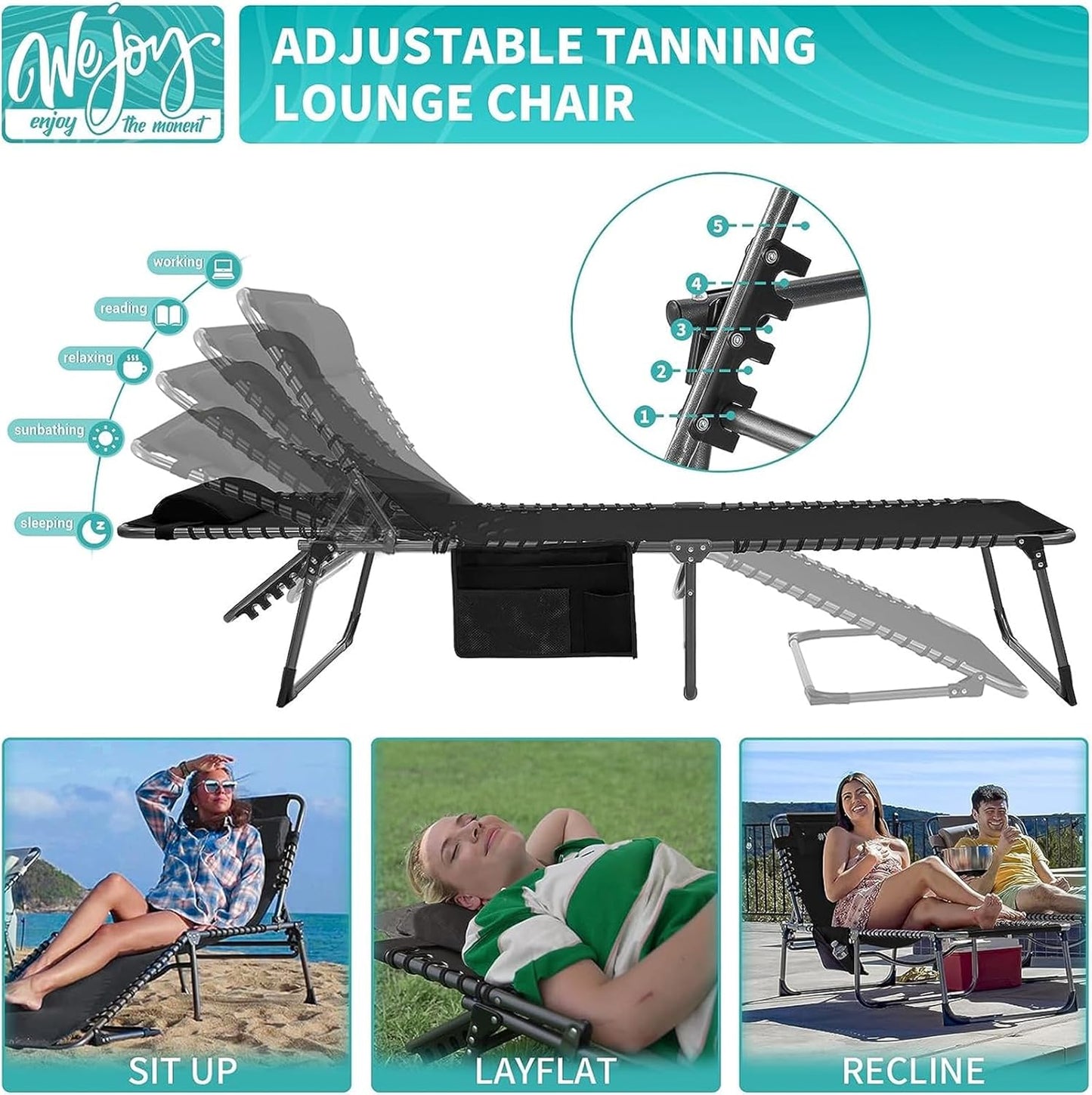 #WEJOY Set van 2 campingligstoelen, zonnebed met zijzak en kussen, draagbaar en licht driepootbed, tot 120 kg, 190 x 59 x 34/37 cm, voor outdoor, reizen, tuin