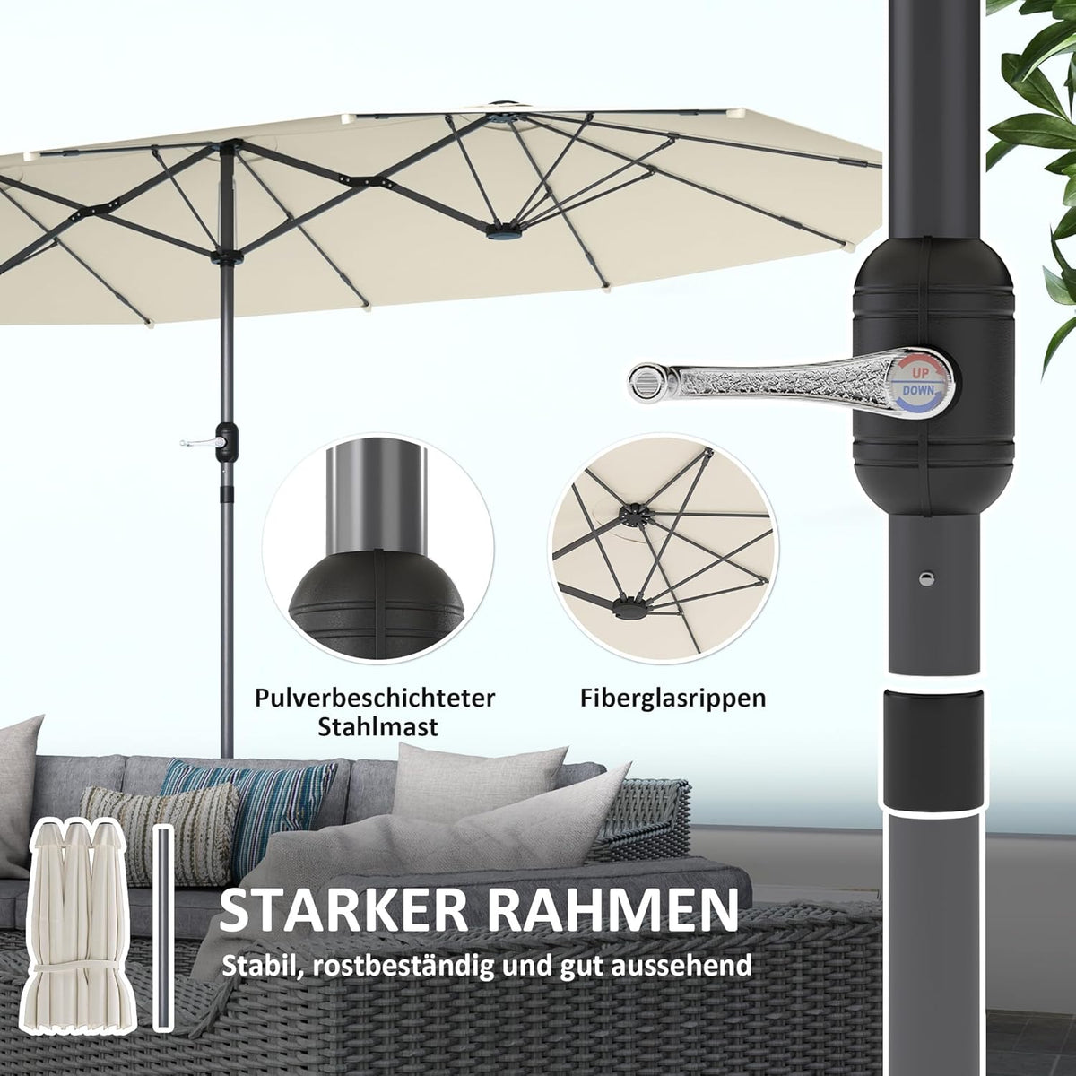 Outsunny Double Umbrella, 437 x 260 cm, UV Protection, Steel Parasol with Hand Crank, Oval Balcony Screen, Beach Screen, Windproof, Stable Market Umbrella, Crank Umbrella for Beach, Balcony,