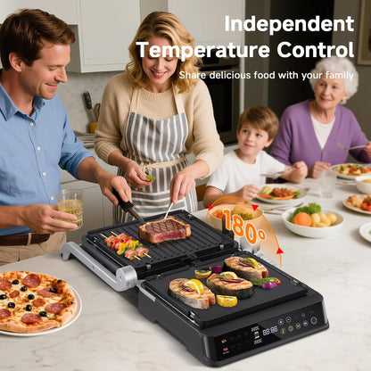 AMZCHEF 6-in-1 Health Grill & Griddle met 180° verstelbare platen, GrillBoost (280 °C), indoor grill, 4 antiaanbakplaten voor steaks en meer, 2000 W, vaatwasmachinebestendig