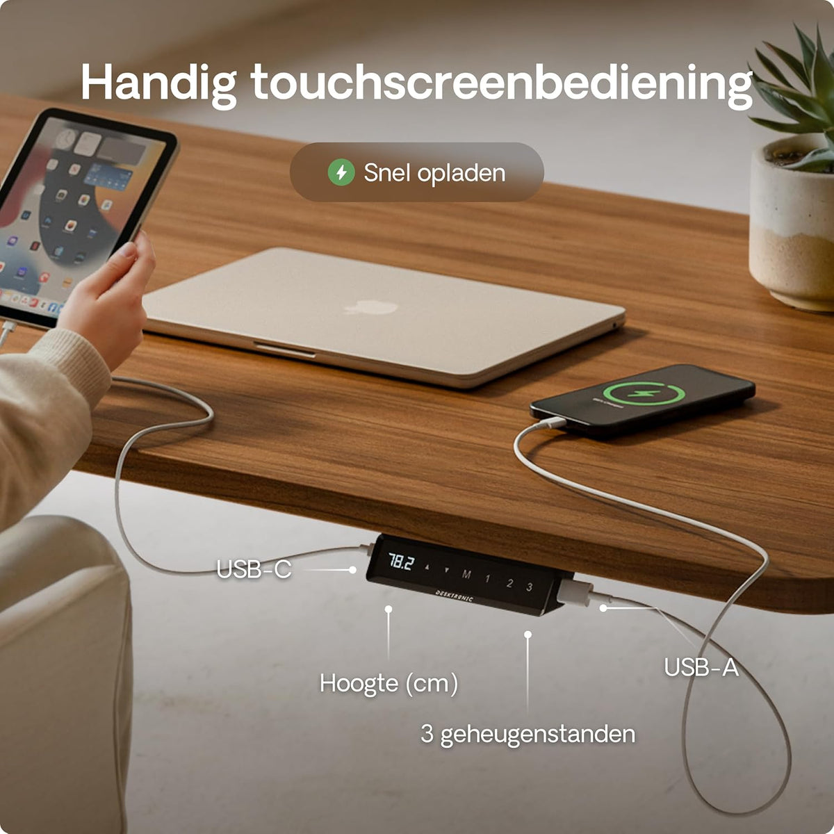 Desktronic Desk HomeOne - Height Adjustable 120 x 60 cm - Fast Twin-Motor Stand Desk - Very Stable Electric Standing Desk - One-Piece Table Top Standing Desk - Touch Screen Control - QUORE
