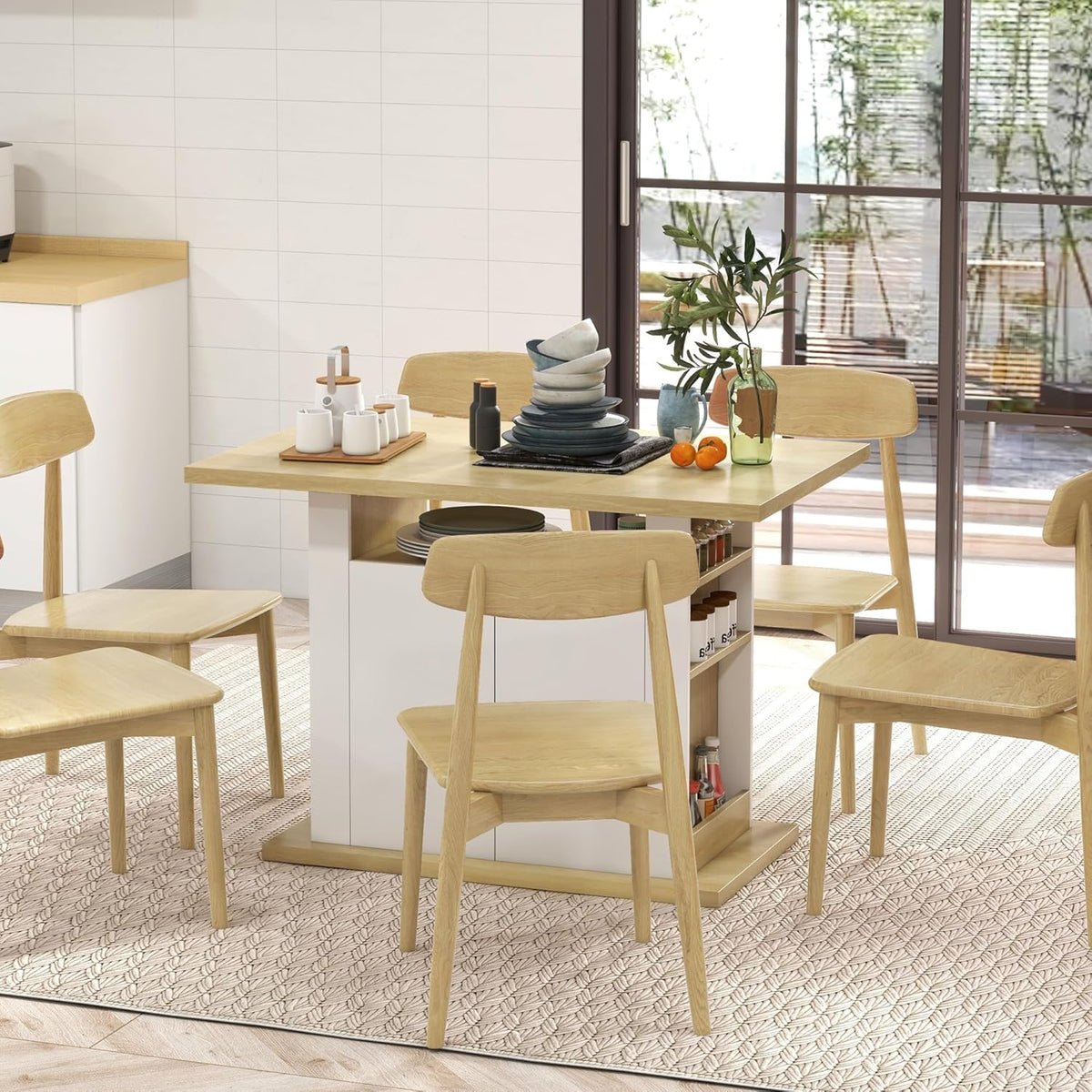 HOMCOM Dining Table, Island, Kitchen, Storage Cabinet, Table with Large Worktop, 4-6 People, Cabinet with 4 Doors and Shelves, Wood, Dimensions: 110 x 70 x 75.5 cm, White and Natural - QUORE