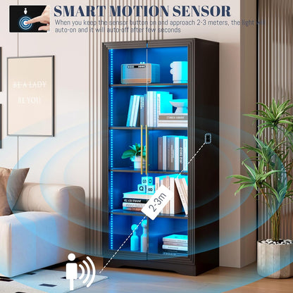 Vitrinekast Zwart – Glazen Vitrine – Vitrinekast – Displaykast – Presentatiekast – 165 x 75 x 40 cm – 4 Verstelbare Planken – 3 Kleuren Ledverlichting