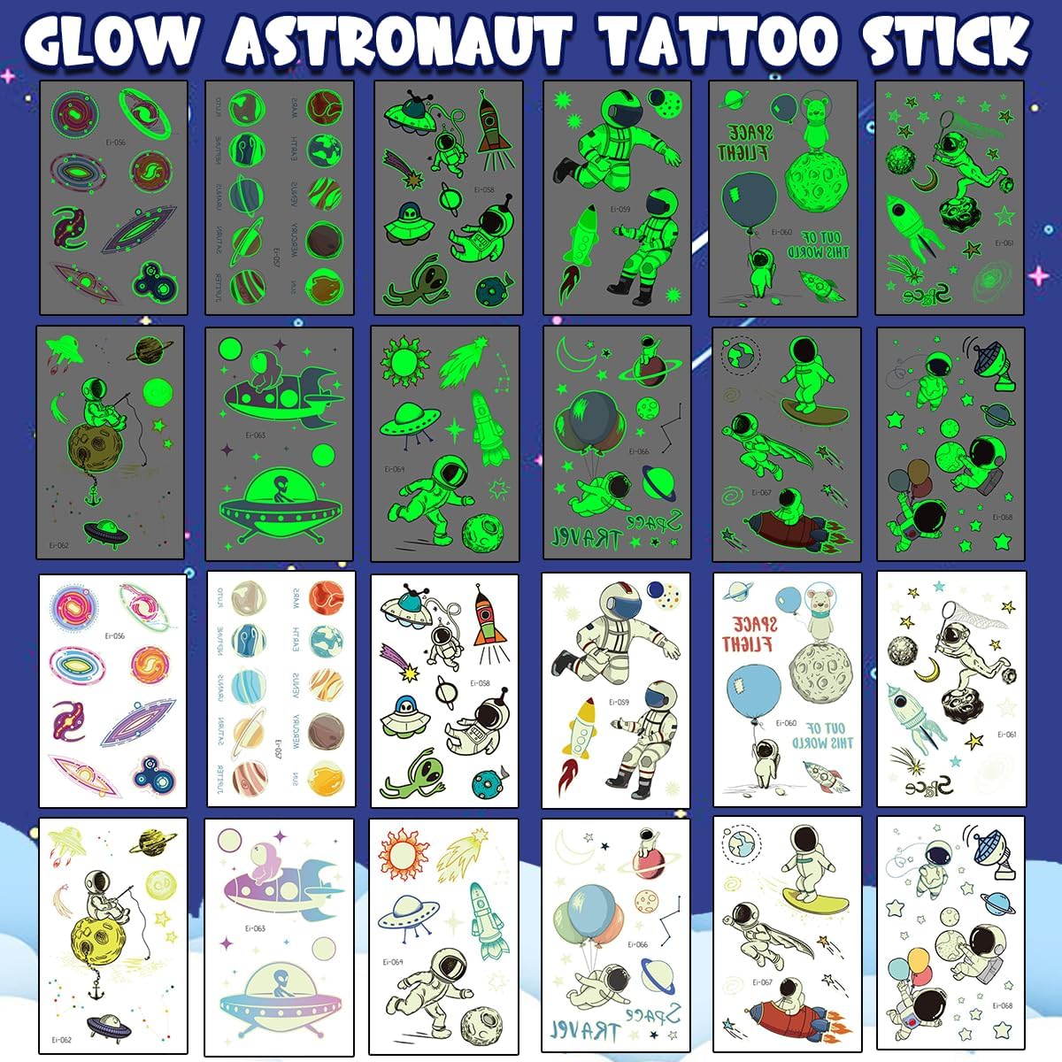 Ruimte kindertatoeages, 12 vellen lichtgevende tatoeages, heelal, kindercadeaus voor jongens van 3, 4, 5, 6, 7, 8, 9, 10 jaar, kindertatoeages, huidvriendelijk, geschikt voor de ruimte, cadeautje