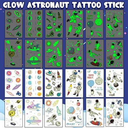 Ruimte kindertatoeages, 12 vellen lichtgevende tatoeages, heelal, kindercadeaus voor jongens van 3, 4, 5, 6, 7, 8, 9, 10 jaar, kindertatoeages, huidvriendelijk, geschikt voor de ruimte, cadeautje
