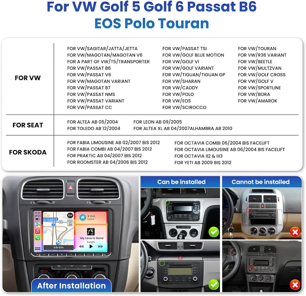 Inefala autoradio voor VW Golf Passat Tiguan Polo Caddy Skoda Seat Android 15 2G+64G, draadloos CarPlay & Android Auto, 9" radio 2DIN met GPS/WiFi/Bluetooth/USB/RDS/FM-MIC, achteruitrijcamera