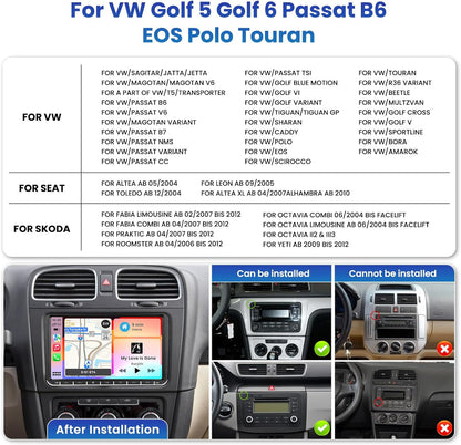 Inefala autoradio voor VW Golf Passat Tiguan Polo Caddy Skoda Seat Android 15 2G+64G, draadloos CarPlay & Android Auto, 9" radio 2DIN met GPS/WiFi/Bluetooth/USB/RDS/FM-MIC, achteruitrijcamera
