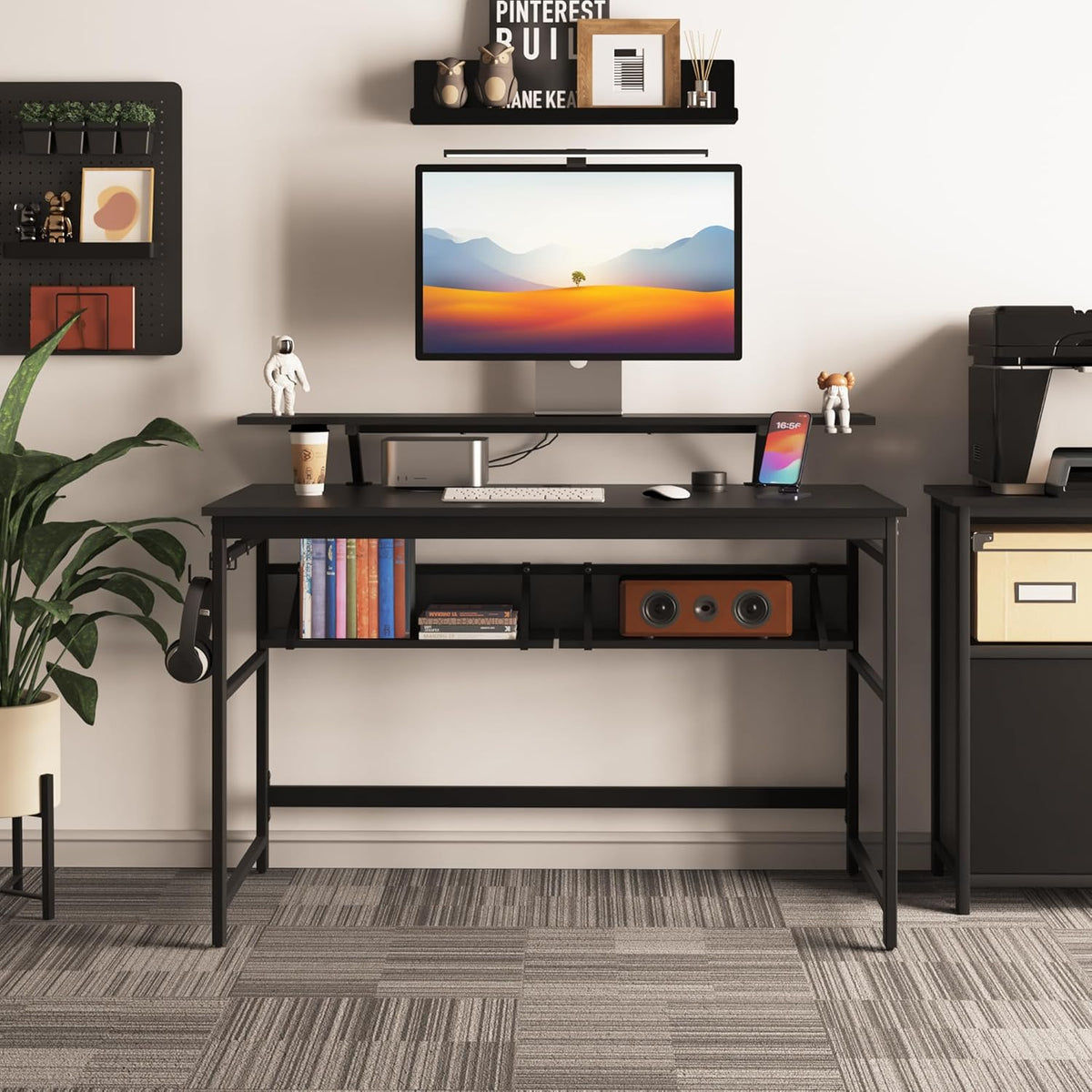 Mondeer Computerbureau, werkstation schrijfbureau met 2 verstelbare opbergplanken en grote monitorstandaard, ruimtebesparend voor thuiskantoor studio, 120 x 60 x 90 cm, zwart