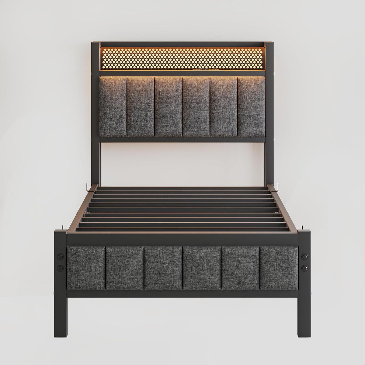 Bedframe met led, laadstation, eenpersoonsbed, logeerbed, metalen bed, gestoffeerd bed, 90 x 200 cm, bedframe van metaal, jeugdbed met lattenbodem, hoofdeinde in grijs, voor slaapkamer en