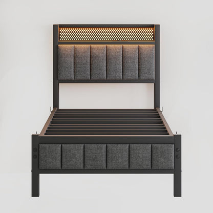 Bedframe met led, laadstation, eenpersoonsbed, logeerbed, metalen bed, gestoffeerd bed, 90 x 200 cm, bedframe van metaal, jeugdbed met lattenbodem, hoofdeinde in grijs, voor slaapkamer en