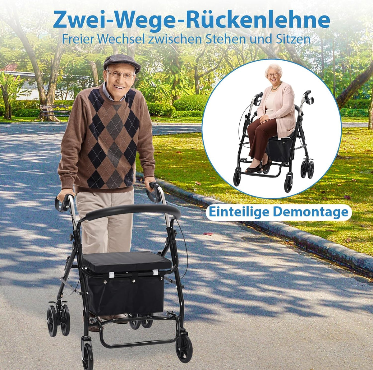 Vouwbaar en lichtgewicht rollator met zitting, winkelmandje, lichte wandelwagen voor senioren met in hoogte verstelbaar, stevige wielen, ideaal voor wandelen, winkelen en dagelijkse mobiliteit