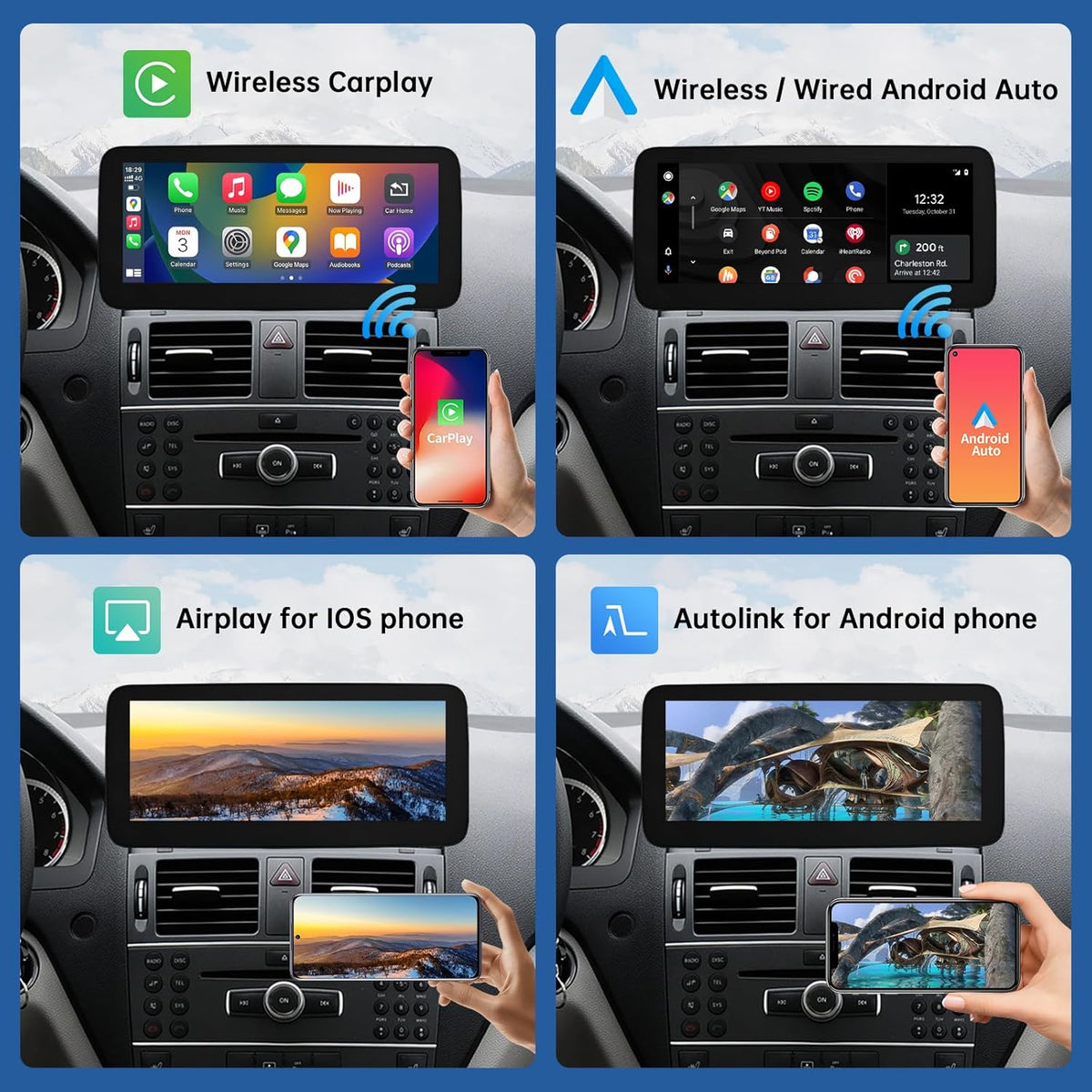 Road Top 12.3 Inch Car Touch Screen Wireless CarPlay Android Car for Mercedes Benz C Class W204 2008-2010 Year with NTG4.0 System, Support Navigation, Mirrorlink - QUORE