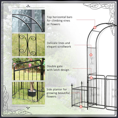 Outsunny Metal Garden Arbor Arch with Double Doors, 2 Side Planters, Climbing Vine Frame, Black - QUORE