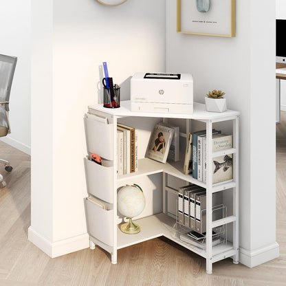 VEDECASA White Printer Table, Corner Printer Stand 3 Layer, Printer Table with Charging Station, Printer Stand on 2 Sockets and 2 USB Ports, Side Pockets, Adjustable Feet, CPU Stand Holder for - QUORE
