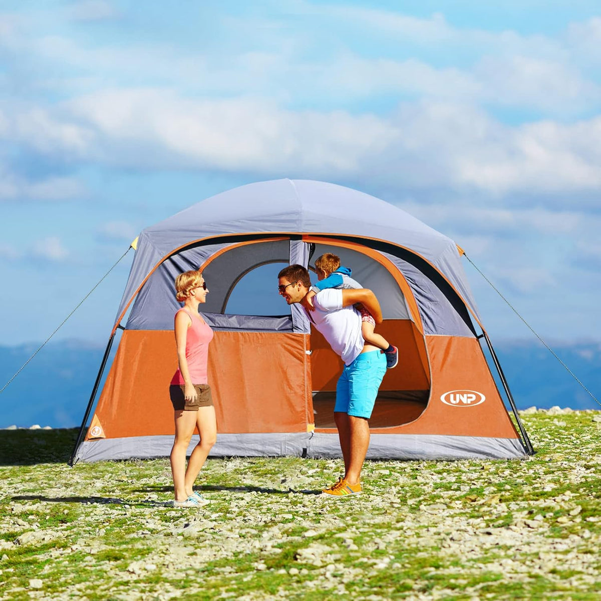 UNP Tenten voor 6 personen, waterdicht, winddicht, eenvoudige montage, dubbellaagse familie-campingtent met 1 netdeur en 5 grote netramen, 3 m x 2,9 m x 2,9 cm x 2,9 cm (H)
