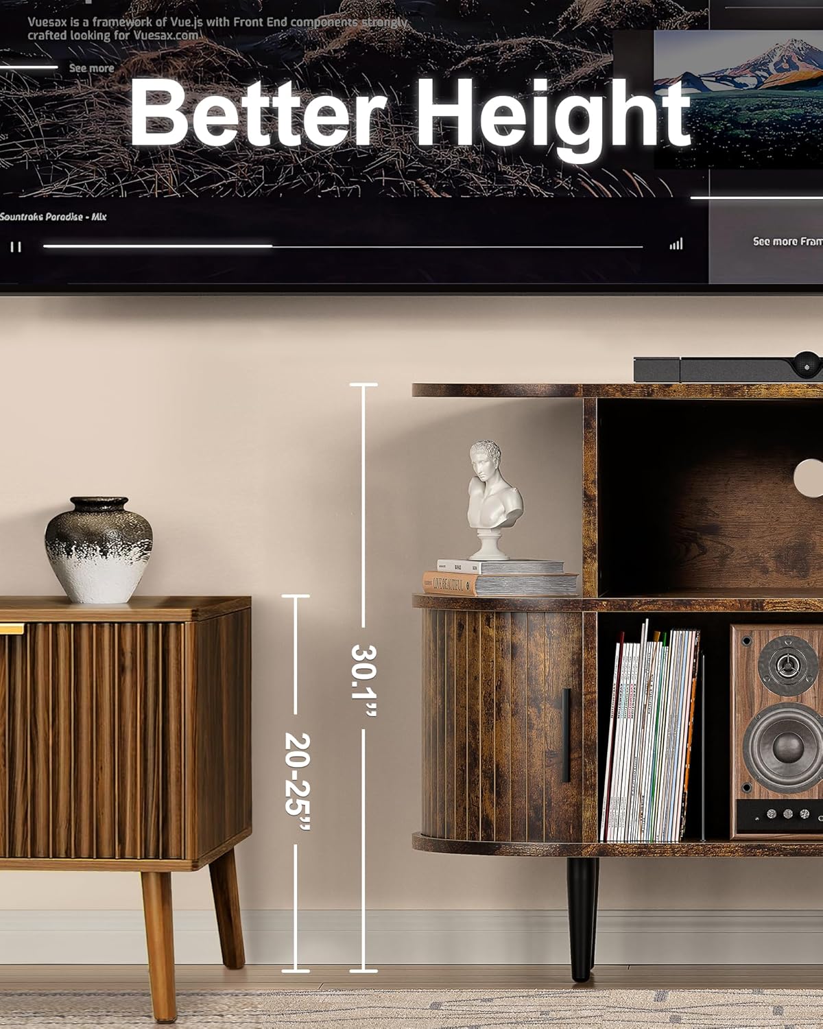 Platenspelerstandaard, vinylplaat kast, tv-kast hout, televisietafel met afgeronde hoeken, tv-standaard met opbergruimte, tv-rek voor televisies tot 165 cm, met schuifdeuren voor woonkamer, bruin