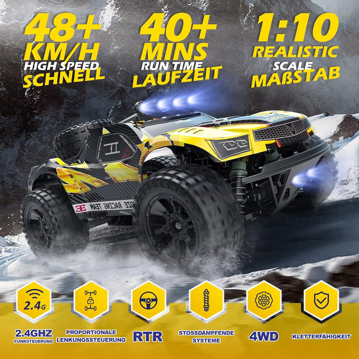 <font dir="auto" style="vertical-align: inherit;"><font dir="auto" style="vertical-align: inherit;">        DEERC Remote Control Car 1:10 with Lights RC Car 48km/h 4WD Off-Road Hobby-Grade Monster Crawler with 2 Batteries 40 Minutes Runtime, 2 Car Shells,