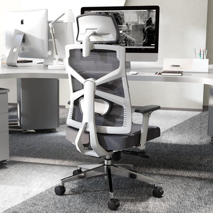 HOLLUDLE Ergonomische bureaustoel met adaptieve rugleuning, hoge rugleuning computerbureaustoel met 4D-armleuningen, verstelbare zitdiepte, lendensteun en 2D-hoofdsteun, draaibare taakstoel, wit