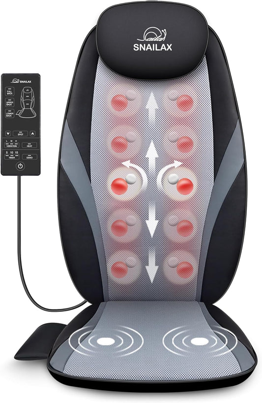 Snailax Shiatsu massagestoelkussen, massagekussen voor nek en schouder, rugmassageapparaat met warmte- en vibratiefunctie, massagestoel, cadeaus voor mannen en vrouwen