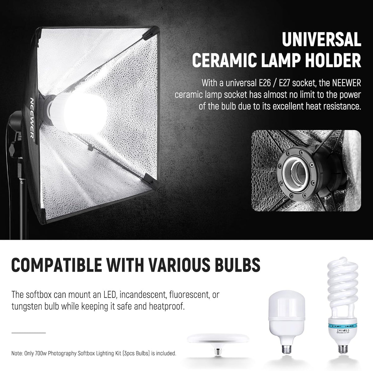 NEEWER Softbox verlichtingsset, equivalent aan 700 W, verpakking van 3 stuks, CE & UKCA gecertificeerde 5700 K led-gloeilampen, 61 x 61 cm softboxen met E27-fitting, continue fotografieset, fotostudio