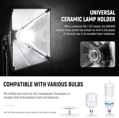 NEEWER Softbox verlichtingsset, equivalent aan 700 W, verpakking van 3 stuks, CE & UKCA gecertificeerde 5700 K led-gloeilampen, 61 x 61 cm softboxen met E27-fitting, continue fotografieset, fotostudio