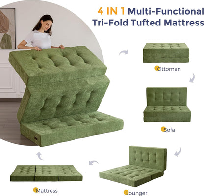 MAXYOYO Opvouwbare Matras Eenpersoons, 15 cm Comfortabele Opvouwbare Matras Met Chenille-Stof, Driekwijd Vloer Futon Bank Bed Voor Gast, Vouwmatras Topper Voor Camping, Lichtgroen, Extra Groot