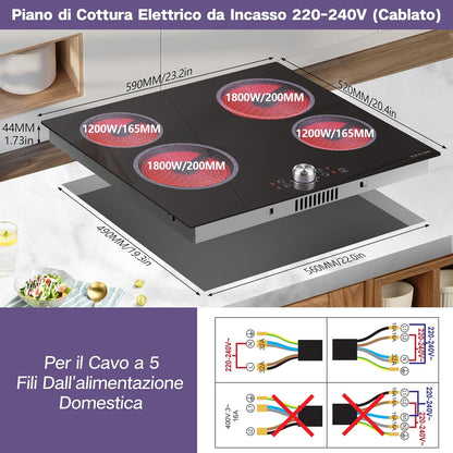 Noxton Elektrische kookplaat met 4 branders, 60 cm, keramische kookplaat, 6000 W, plaat met handgrepen, 9 boosterfuncties voor keuken, Touch Controls, timer