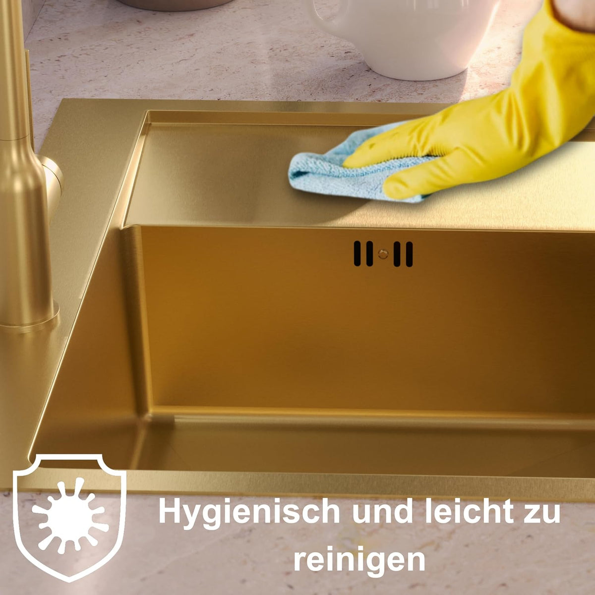 Quadron spoelbak roestvrij stalen spoelbak | afmeting 55 x 48 cm kleur: pvc goud | spoelbak Russel 110 enkele wastafel keukenspoelbak met stalen kamer roestvrij stalen spoelbak | met sifon en
