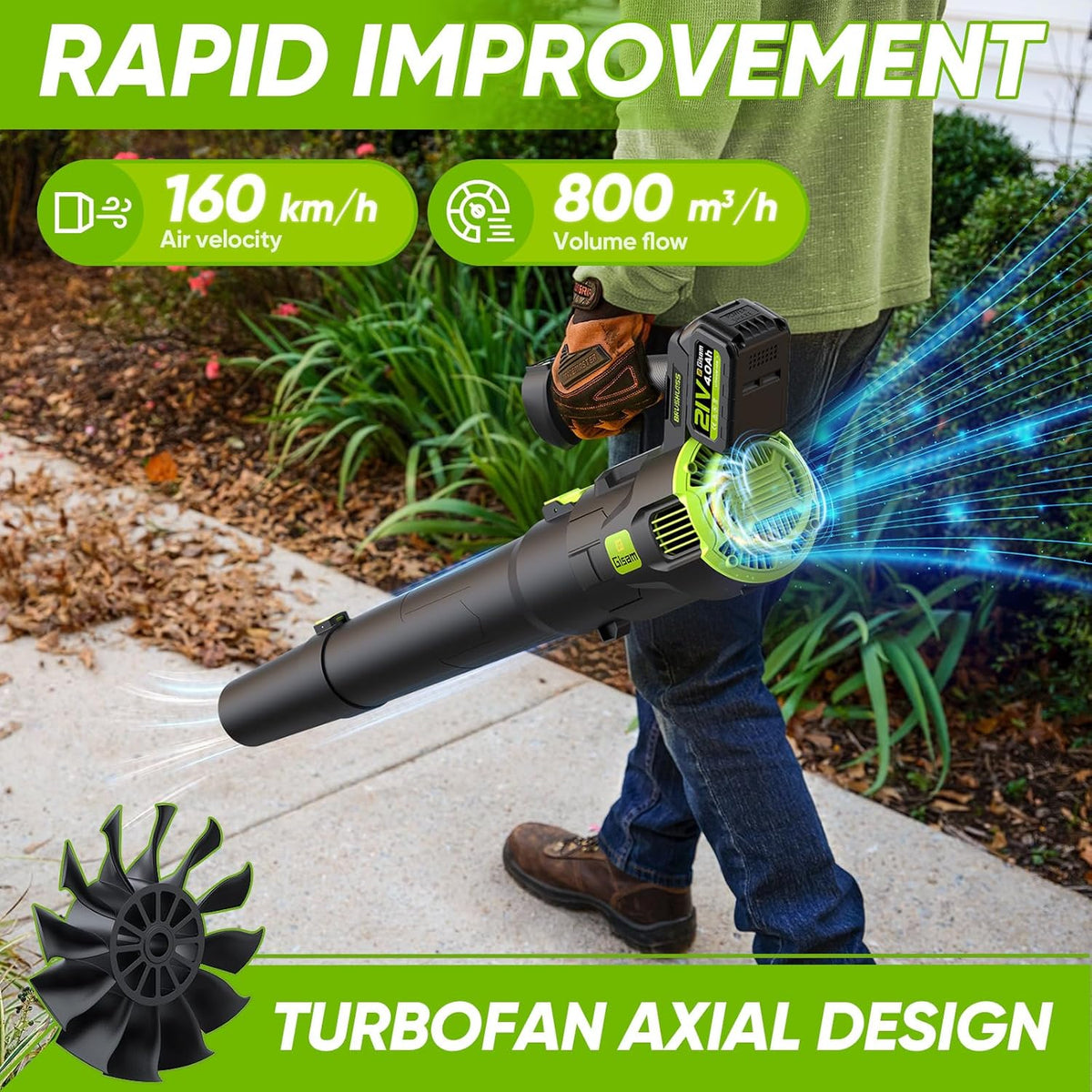 Bladblazer met Accu, Gisam Elektrische Bladblazer Borstelloos met 2x3.0Ah batterijen, Leaf Blower 2 Snelheden + Turbo Schakelaar Max 25000RPM, Luchtvolume 750m³/h, Voor Tuin Gazononderhoud