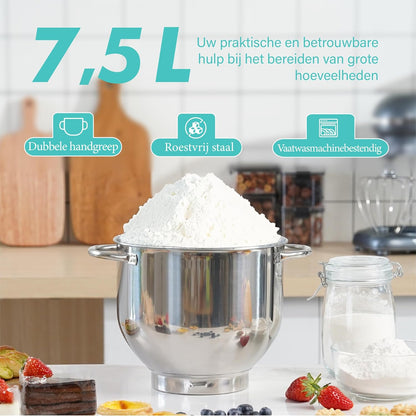Kitchen in the box Keukenmachine, 7,5 L Staande Mixer 1400W – Deegmixer met Planetaire Mengtechniek, Menghaak, Deeghaak, Garde (Blauw)