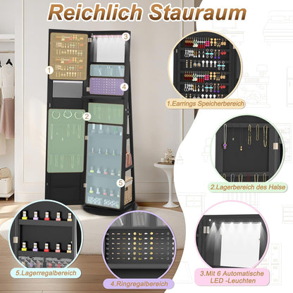 Spiegelkast Sieradekast – Sieradenopberger – Make-upkast – Draaibare Spiegel – Wit – 360° Rotatie – LED-Verlichting – Slot En Sleutels – 161x54,5x10 cm