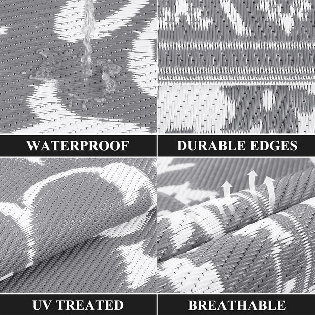 Buiten Vloerkleed - Buitenkleden - Buitentapijt - Opvouwbaar - UV-bestendig - Waterdicht - Omkeerbaar - Buitenmatten - voor Buiten - Balkon - Strand - Picknick -Terras - Rechthoekig - 240 x 300 cm - Grijs