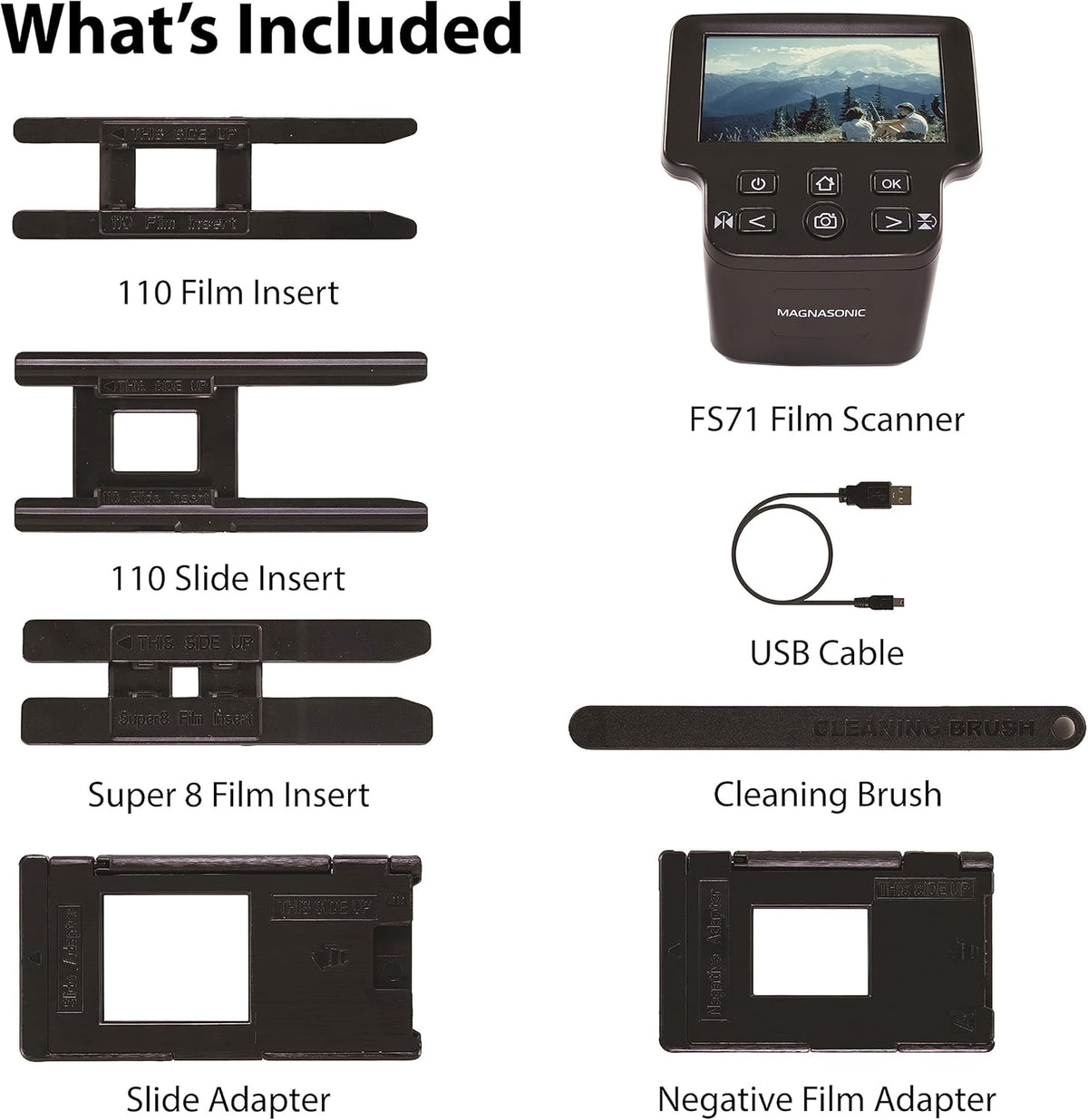 Magnasonic All-in-one filmscanner met 24 MP, 12,7 cm (5 inch) groot display en HDMI, converteert films van 35 mm/126/110/Super 8 en dia's 135/126/110 in digitale foto's, intern geheugen (FS71)