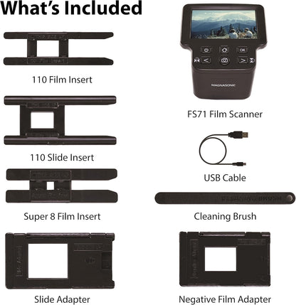 Magnasonic All-in-one filmscanner met 24 MP, 12,7 cm (5 inch) groot display en HDMI, converteert films van 35 mm/126/110/Super 8 en dia's 135/126/110 in digitale foto's, intern geheugen (FS71)
