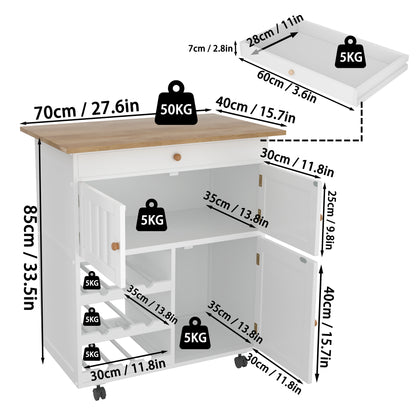 Keukenwagen – Mobiele Keukentrolley – Keukenwagen op Wieltjes – Keukenkastje – Keukenkar – Wit – Compact 68x39x85 cm – Met Werkblad en Remmen