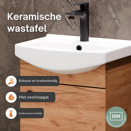 Planetmöbel bathroom cabinet set Washbasin with vanity unit 45 x 60 x 33 cm with mirror cabinet 40 cm, 2X midi cabinets for bathroom & guest toilet, gold oak - QUORE